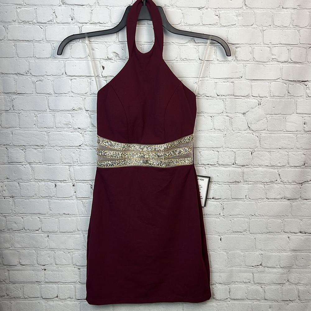 Speechless Burgundy Halter Rhinestone Bodycon Dress Juniors Size 1 - Picture 2 of 7